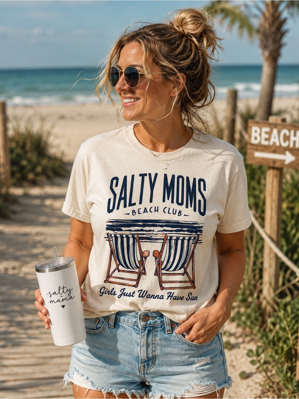 Salty Moms Beach Club Graphic Tee Cream Gildan Light Cotton Beach Shirt